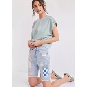 Pilcro Ultra High-Rise Patchwork Bermuda Shorts Raw Hem Blue Peach Size 27 New